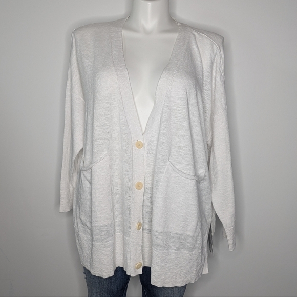 Eileen Fisher White V Neck Long Sleeve Button Up Cotton Linen Cardigan 3X - Picture 1 of 8